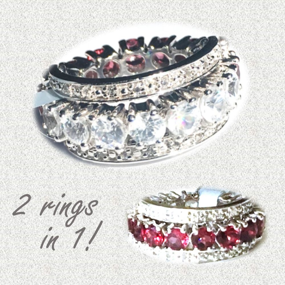 REVERSIBLE Garnet & Natural ZIrcon Ring .925 Sterling Silver Genuine Gemstones